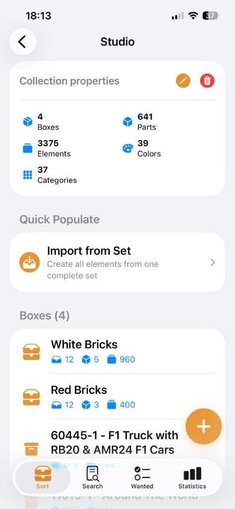 Studio collection with four boxes, part counts, and Import from Set