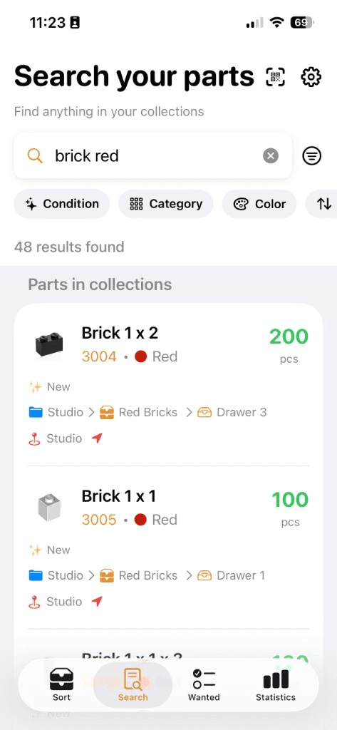 Partfolio search for brick red showing Brick 1 x 2 and Brick 1 x 1 in Red Bricks drawers with quantities and paths