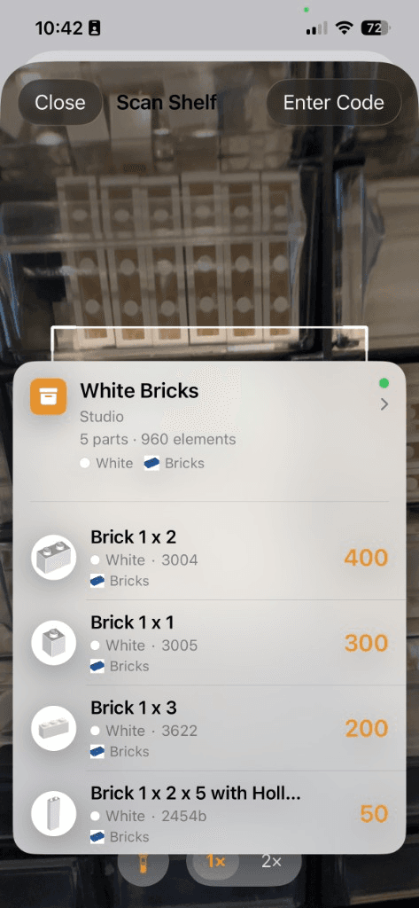 Ask Shelf camera view revealing White Bricks contents after scanning a QR label