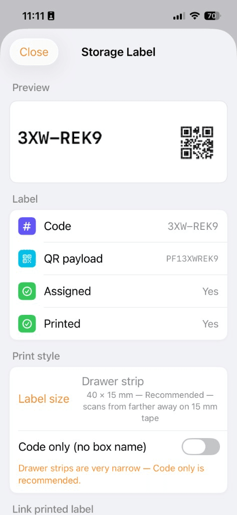 Storage Label screen showing QR code 3XW-REK9 for a box, ready to print as a narrow strip