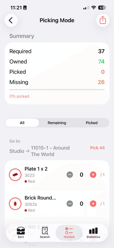 Picking Mode summary with required, owned, picked and missing counts, parts listed box by box