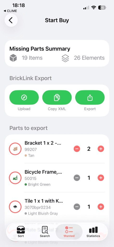 Start Buy screen with missing parts summary and BrickLink Upload, Copy XML and Export actions