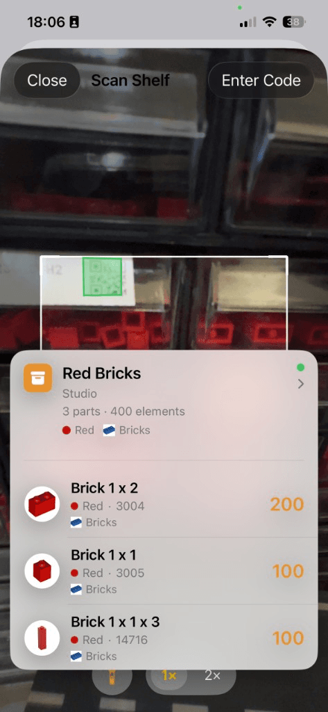 Ask Shelf camera view of the Red Bricks box after reading its QR label
