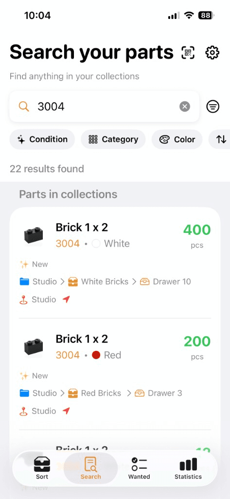Partfolio search for part 3004 showing Brick 1 x 2 results with collection, box and drawer locations